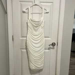White midi ruched off the shoulder body con dress. Size 6.